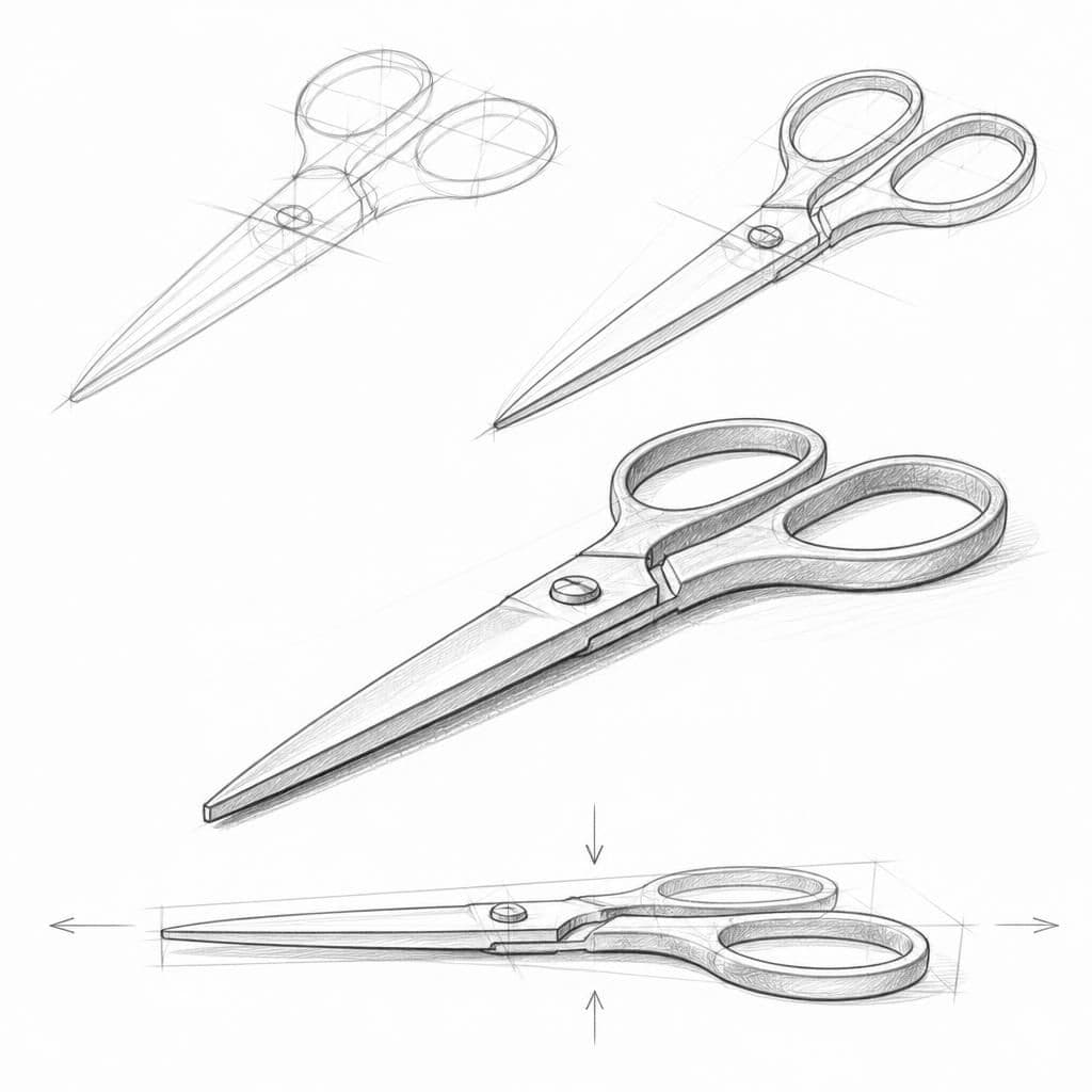 Reference pencil sketch demonstrating how to draw a pair of scissors