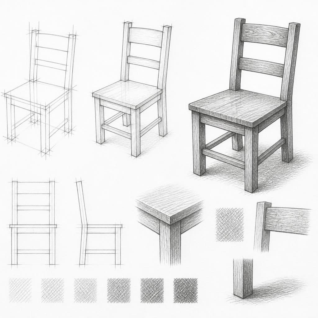 Reference pencil sketch demonstrating how to draw a wooden chair