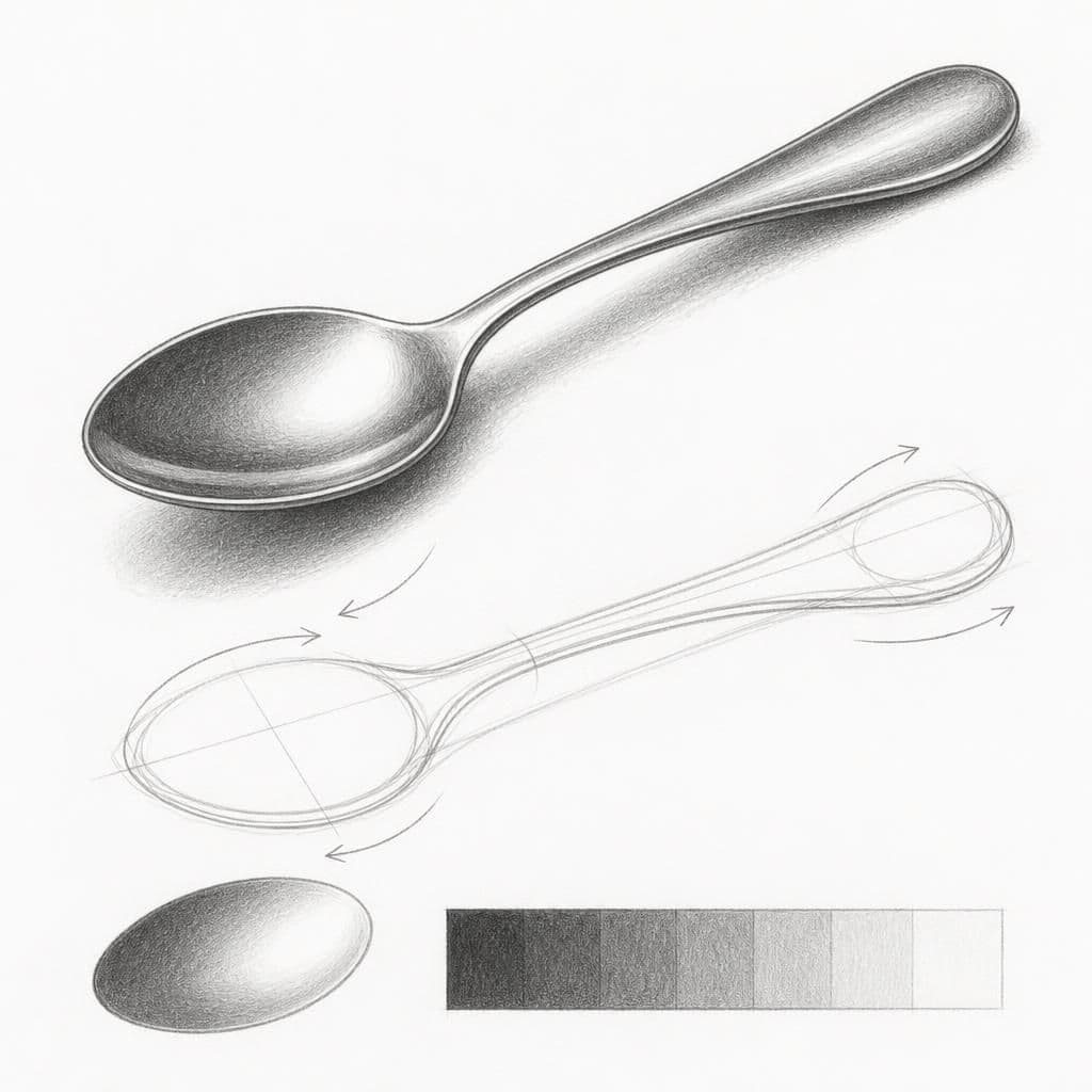 Reference pencil sketch demonstrating how to draw a metal spoon