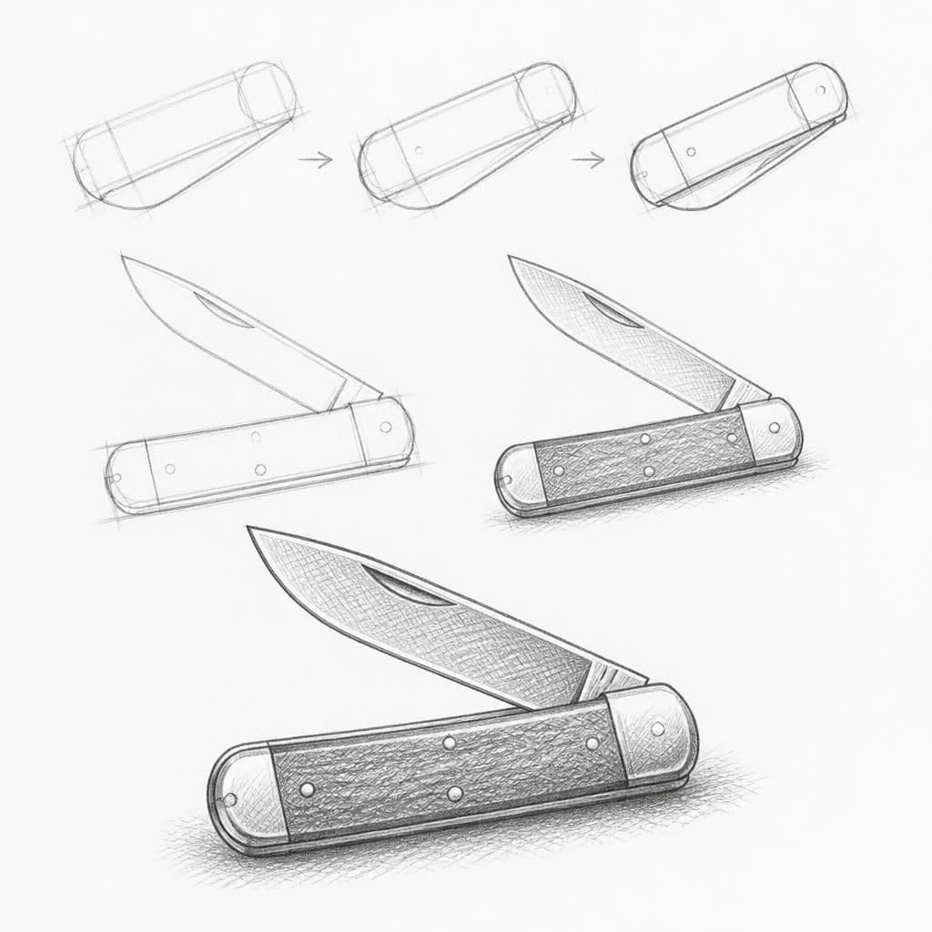 Reference pencil sketch demonstrating how to draw a pocket knife