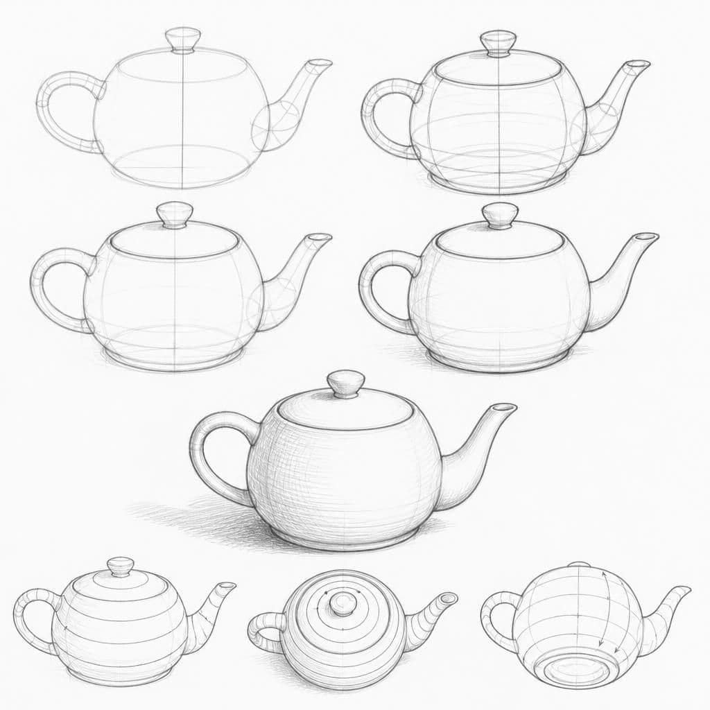 Reference pencil sketch demonstrating how to draw a teapot