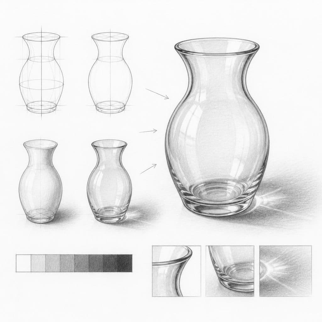 Reference pencil sketch demonstrating how to draw a glass vase