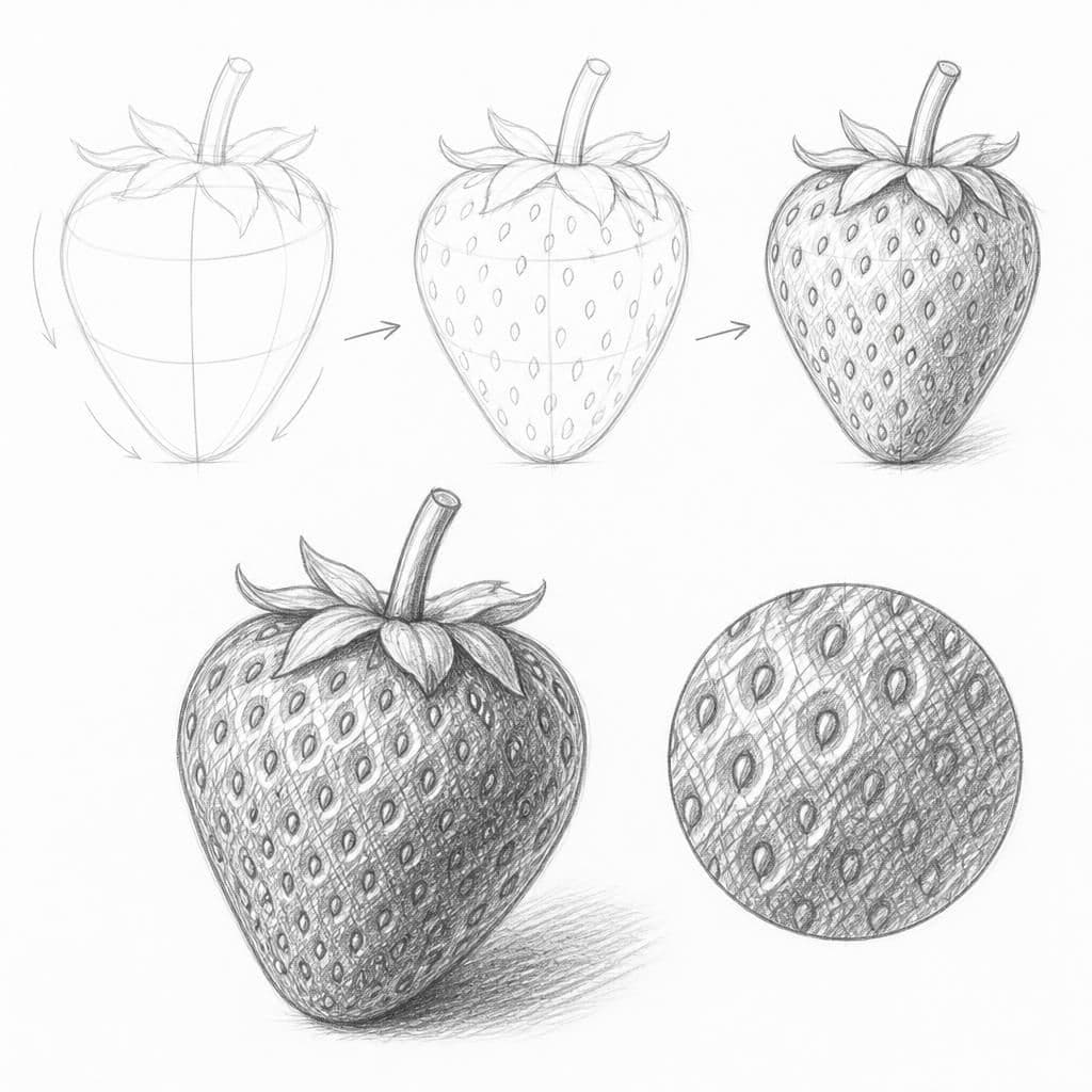 Reference pencil sketch demonstrating how to draw a strawberry