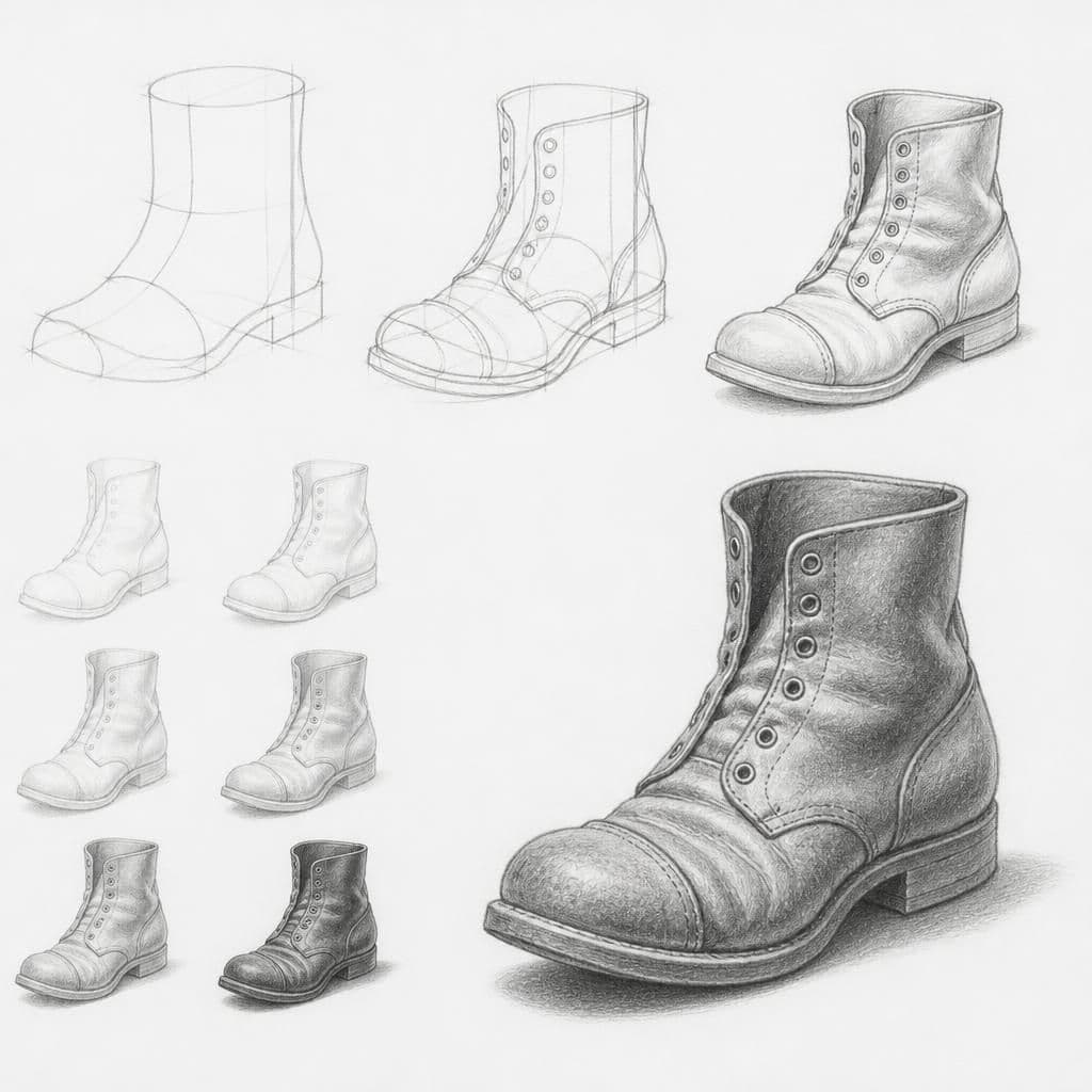 Reference pencil sketch demonstrating how to draw an old boot