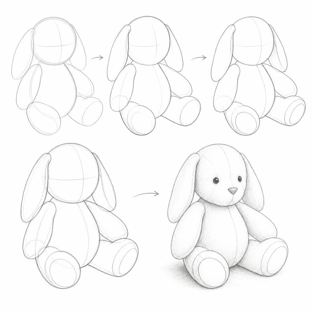 Reference pencil sketch demonstrating how to draw a plush toy