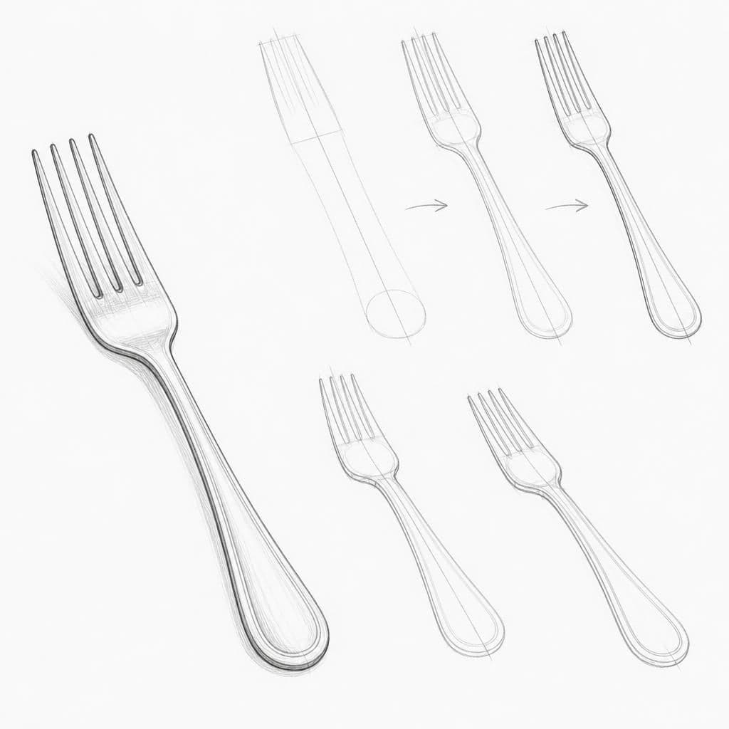 Reference pencil sketch demonstrating how to draw a metal fork