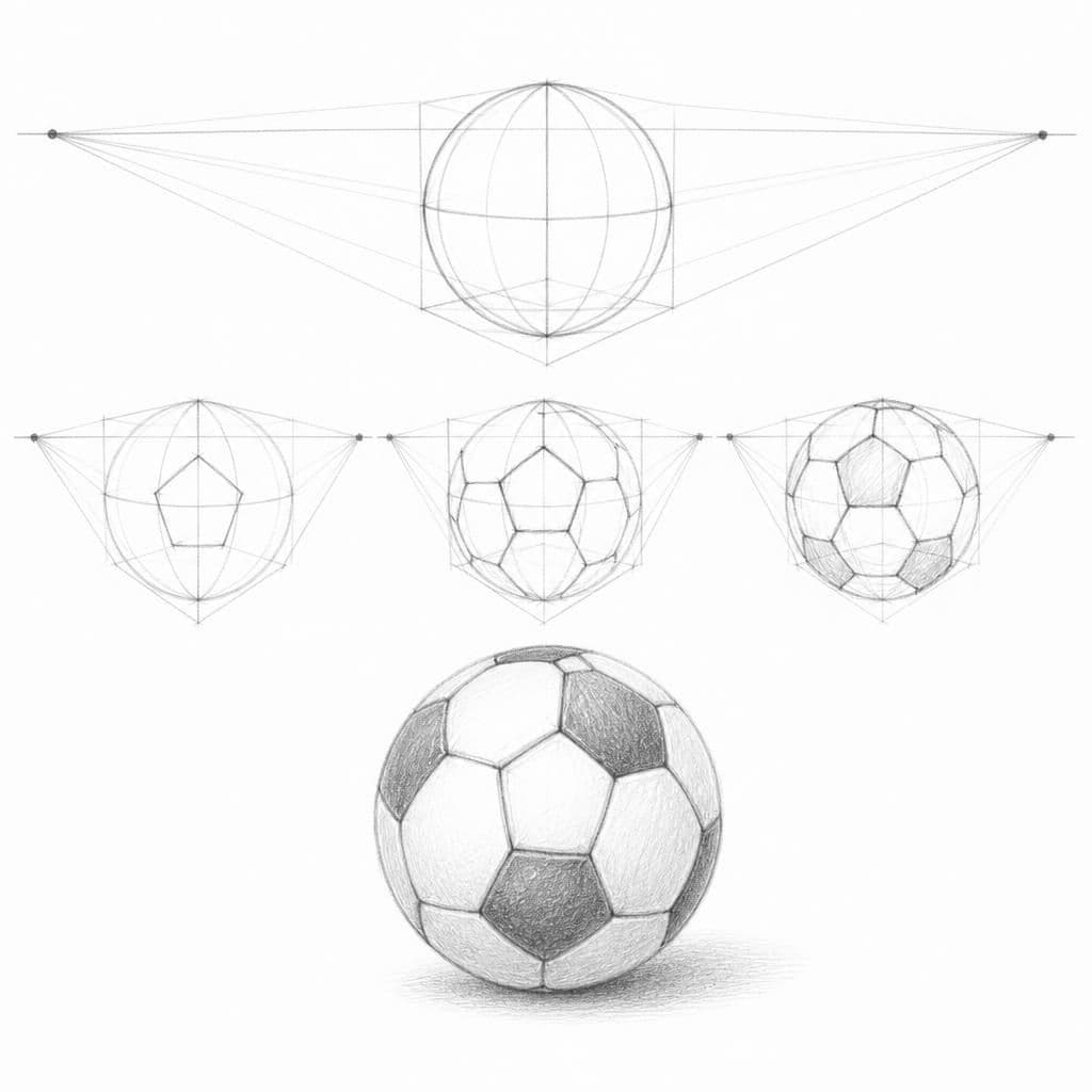 Reference pencil sketch demonstrating how to draw a soccer ball