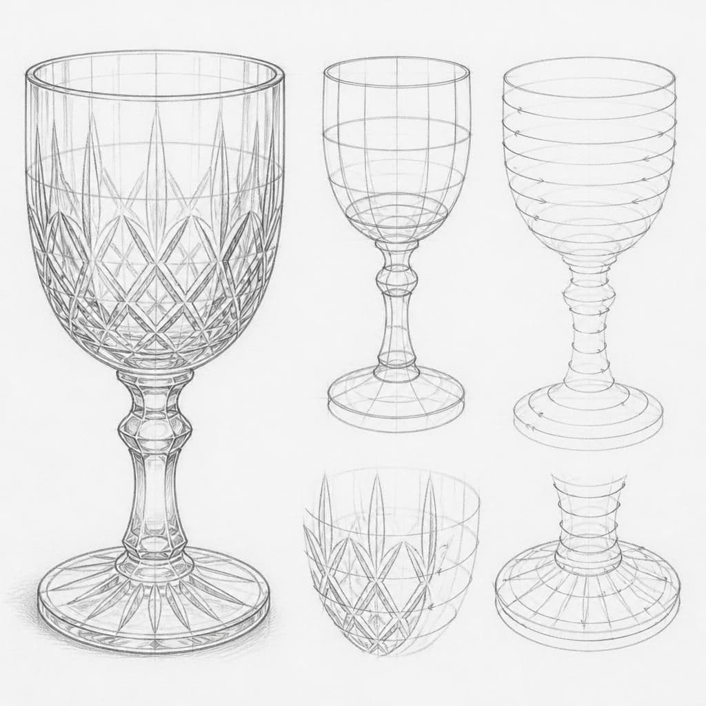 Reference pencil sketch demonstrating how to draw a crystal goblet