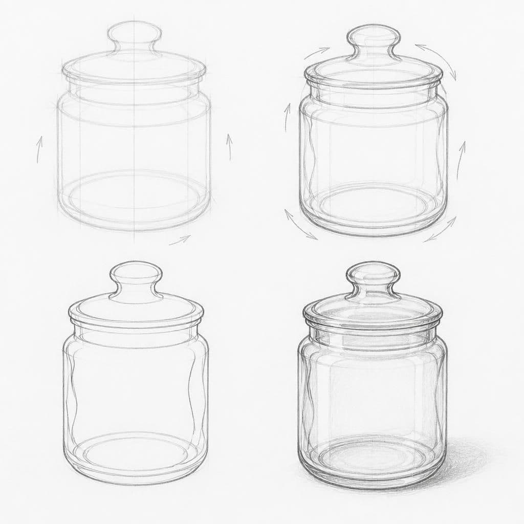 Reference pencil sketch demonstrating how to draw a glass jar with lid
