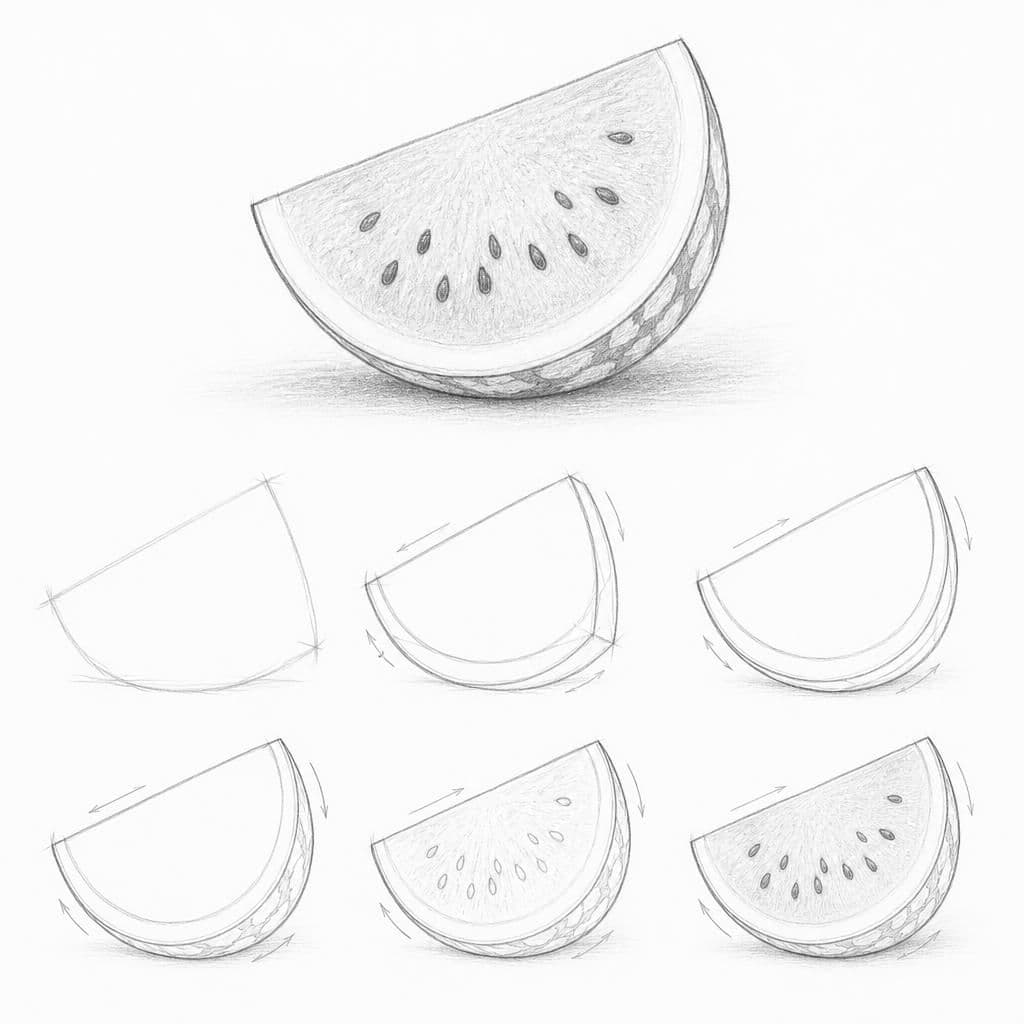 Reference pencil sketch demonstrating how to draw a watermelon slice