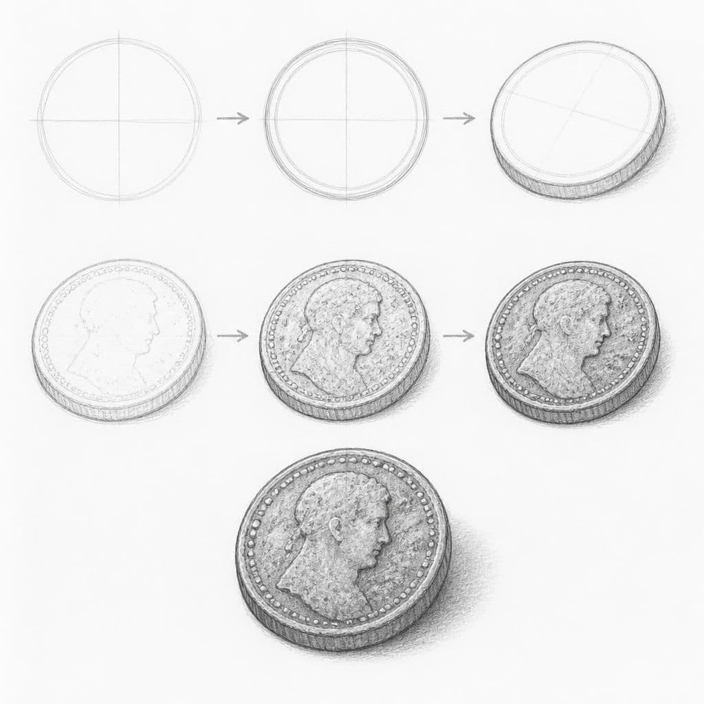 Reference pencil sketch demonstrating how to draw an old coin