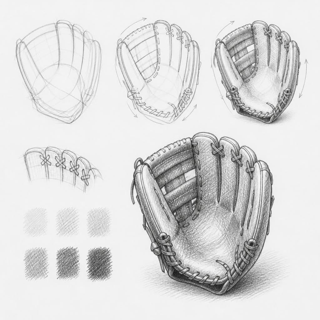 Reference pencil sketch demonstrating how to draw a baseball mitt
