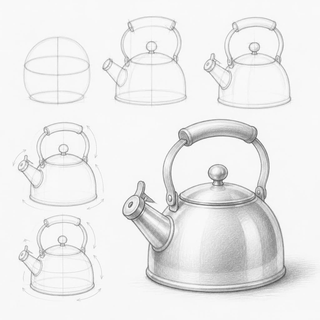 Reference pencil sketch demonstrating how to draw a tea kettle