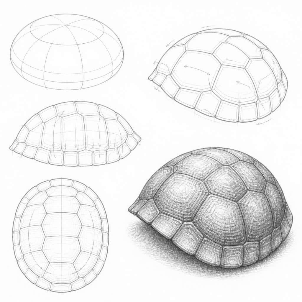 Reference pencil sketch demonstrating how to draw a turtle shell