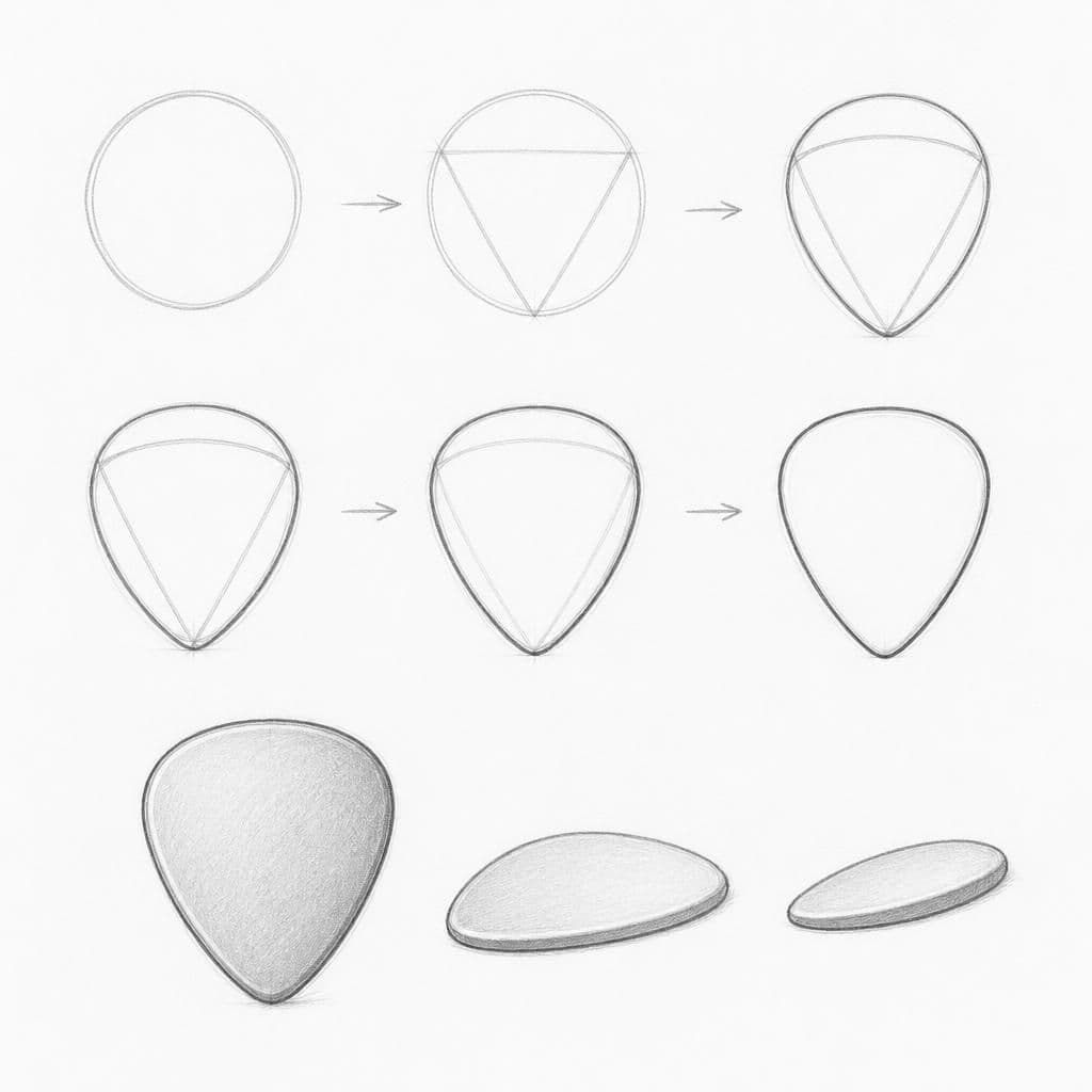 Reference pencil sketch demonstrating how to draw a guitar pick