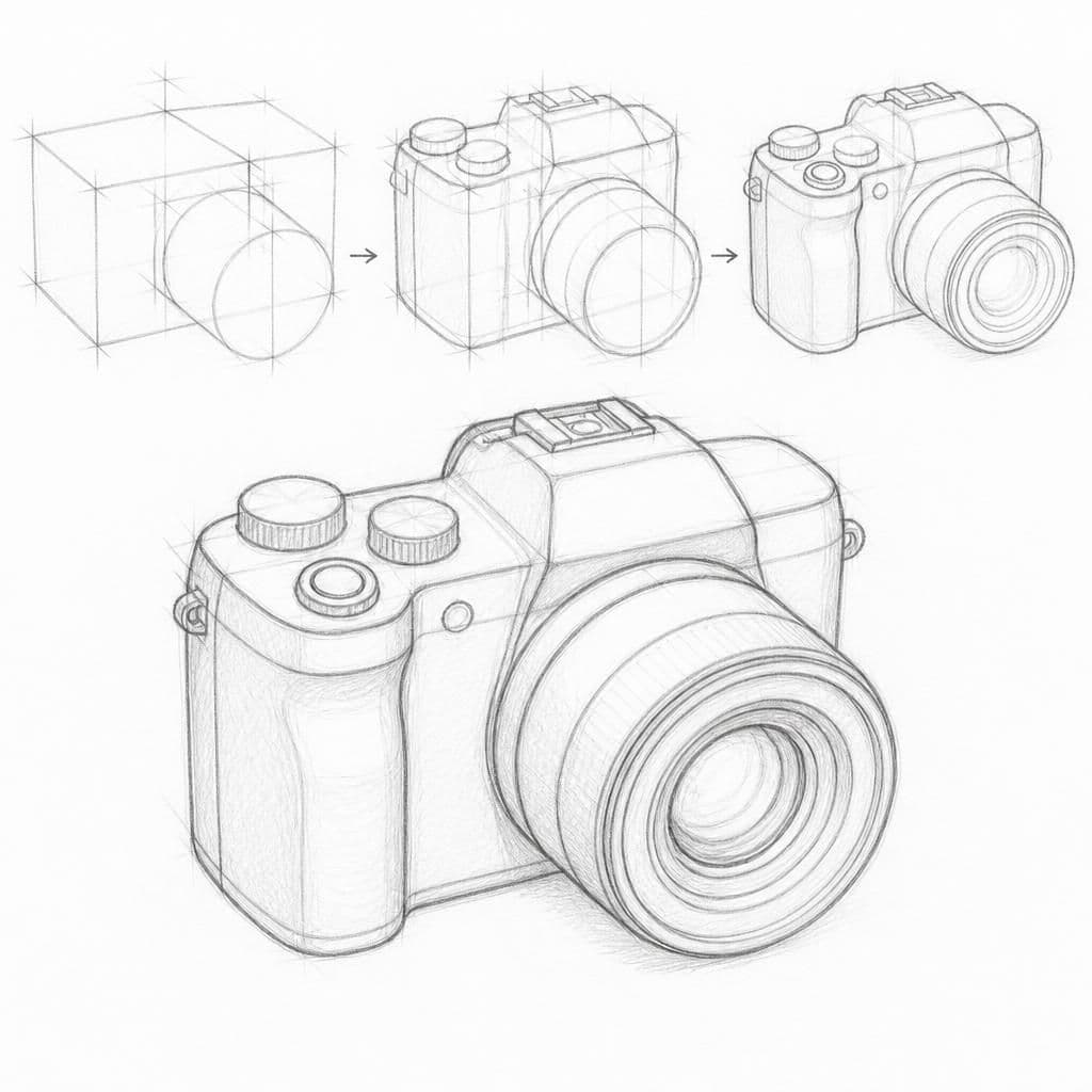 Reference pencil sketch demonstrating how to draw a digital camera