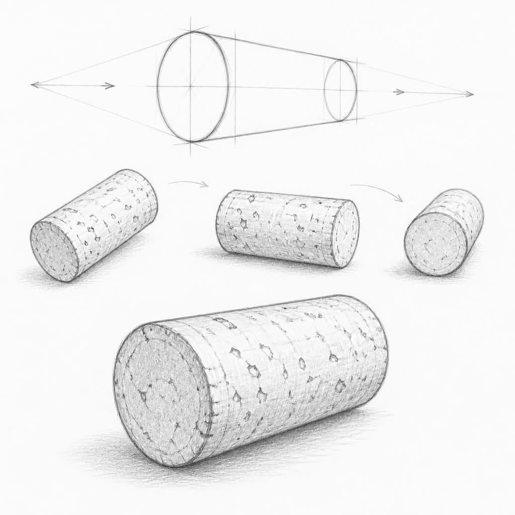 Reference pencil sketch demonstrating how to draw a wine cork