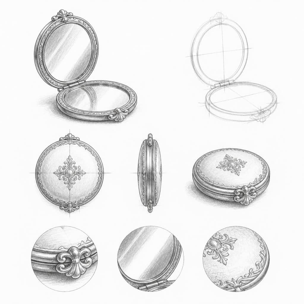 Reference pencil sketch demonstrating how to draw a pocket mirror