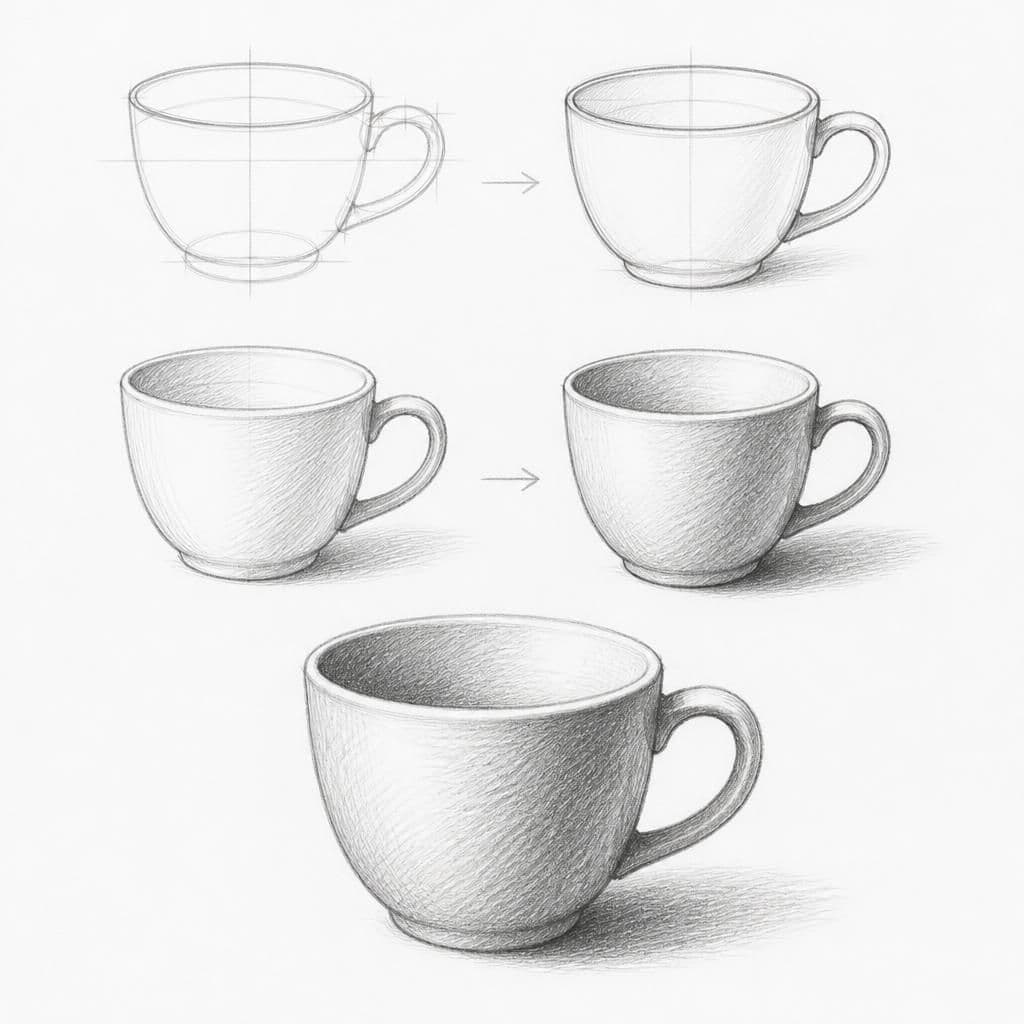 Reference pencil sketch demonstrating how to draw a ceramic cup