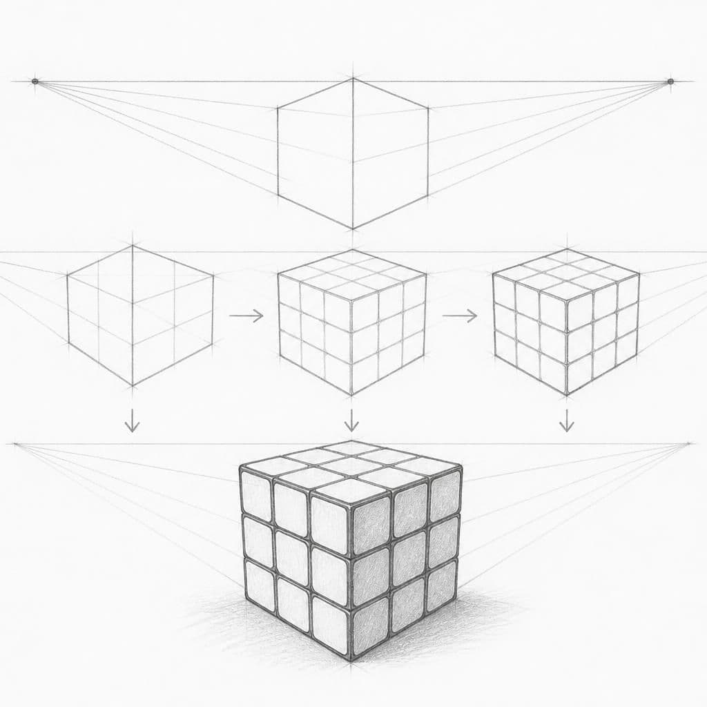Reference pencil sketch demonstrating how to draw a rubik's cube