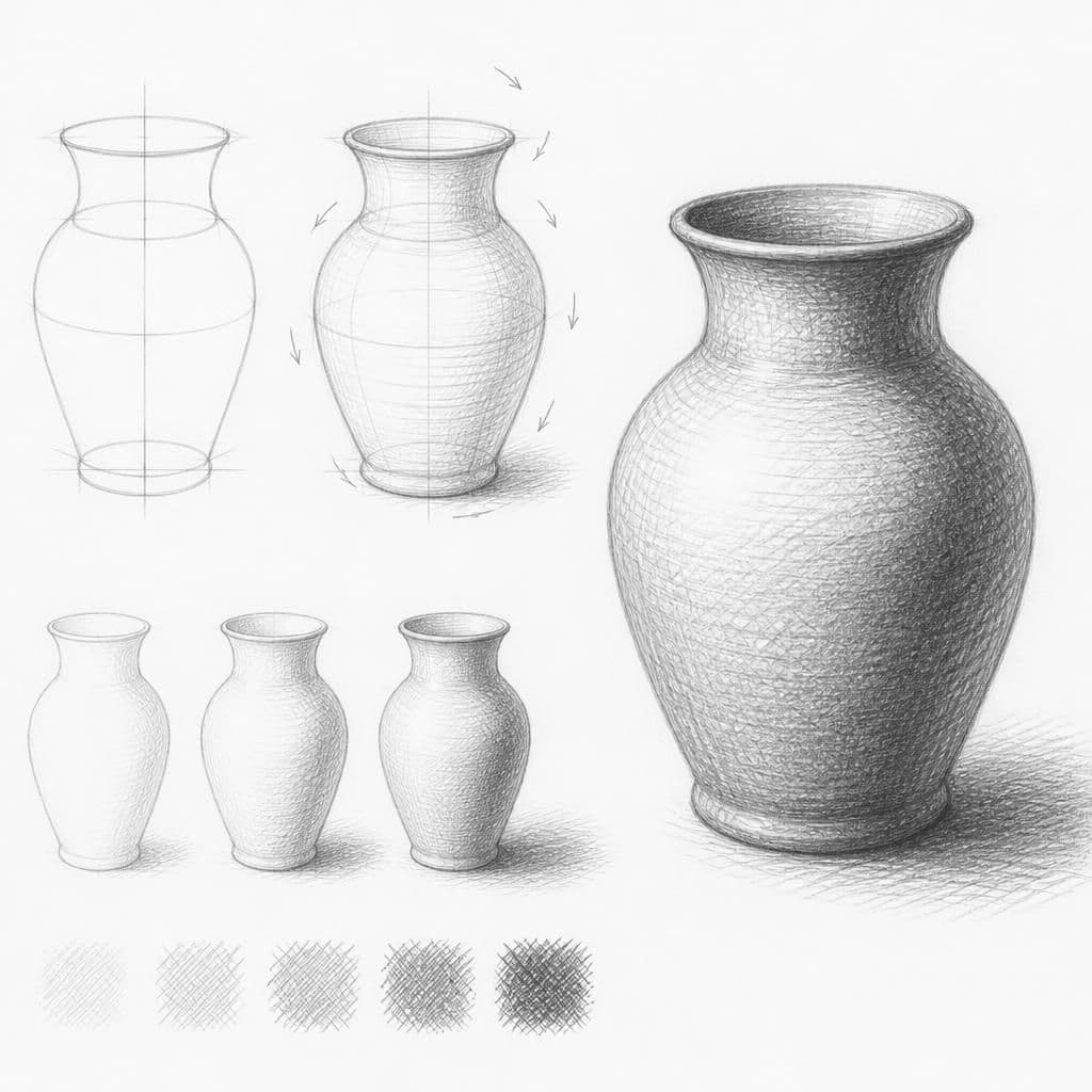 Reference pencil sketch demonstrating how to draw a ceramic vase