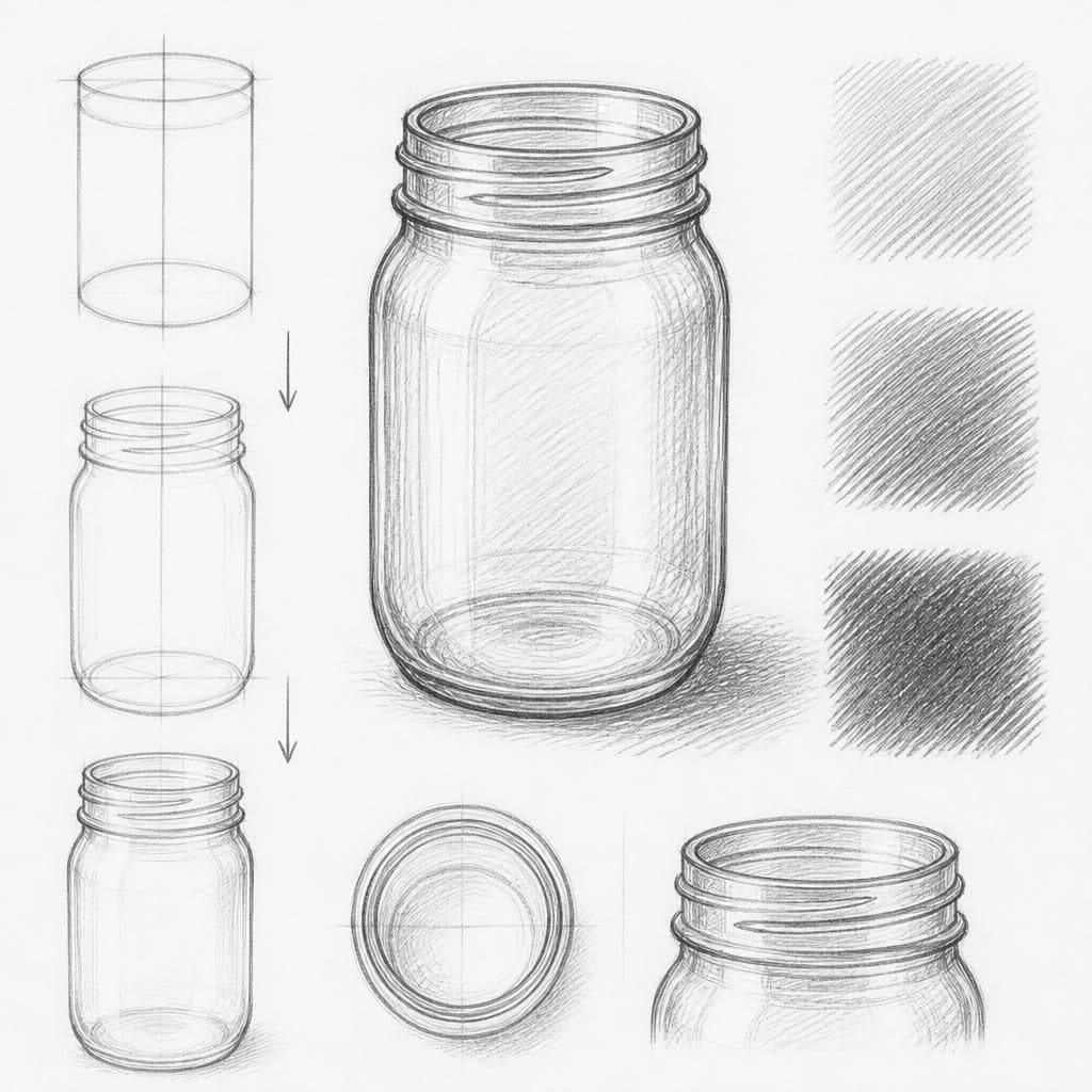 Reference pencil sketch demonstrating how to draw a mason jar