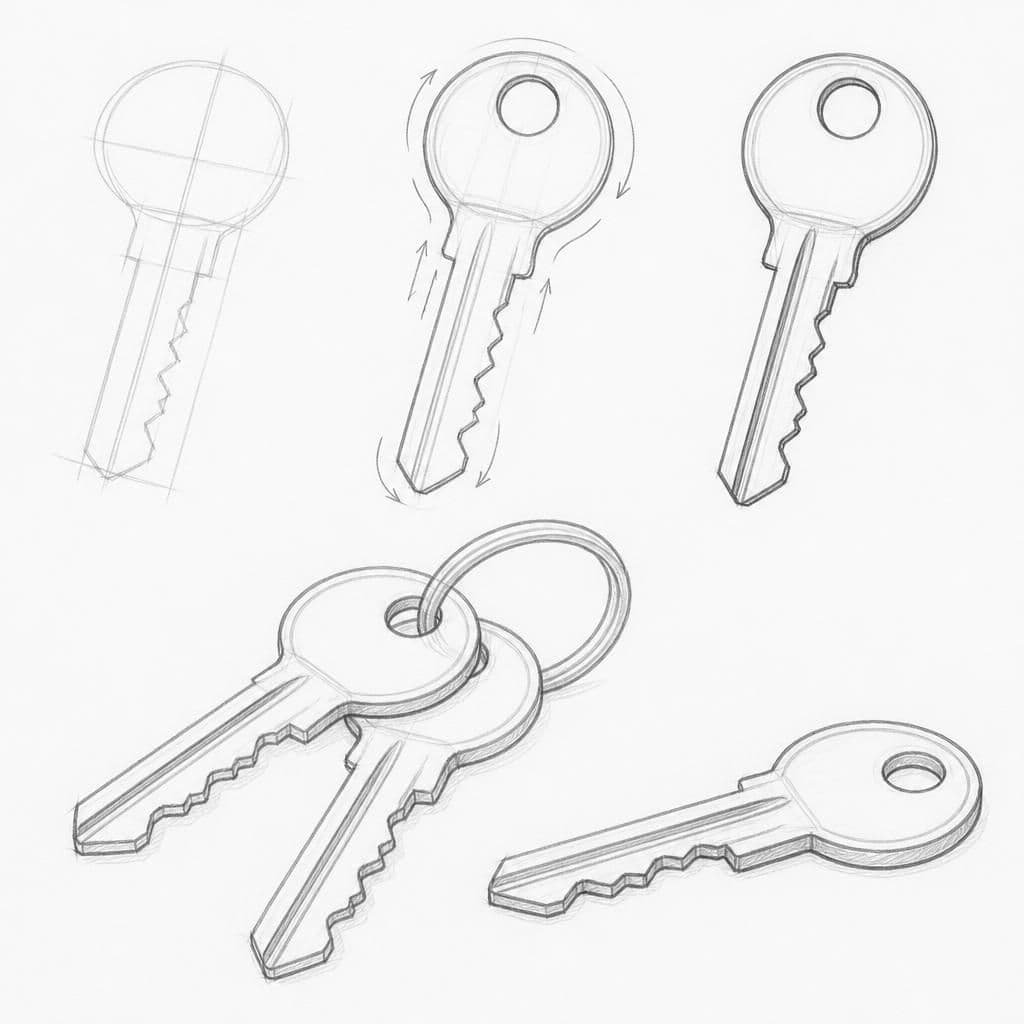Reference pencil sketch demonstrating how to draw keys