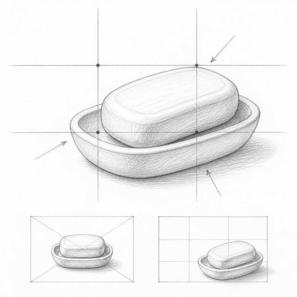 Reference pencil sketch demonstrating how to draw a soap bar