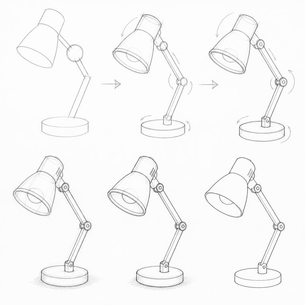 Reference pencil sketch demonstrating how to draw a desk lamp
