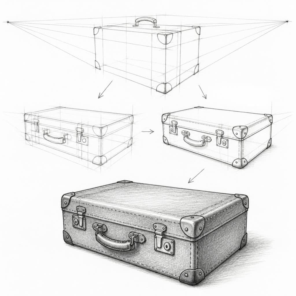 Reference pencil sketch demonstrating how to draw a vintage suitcase