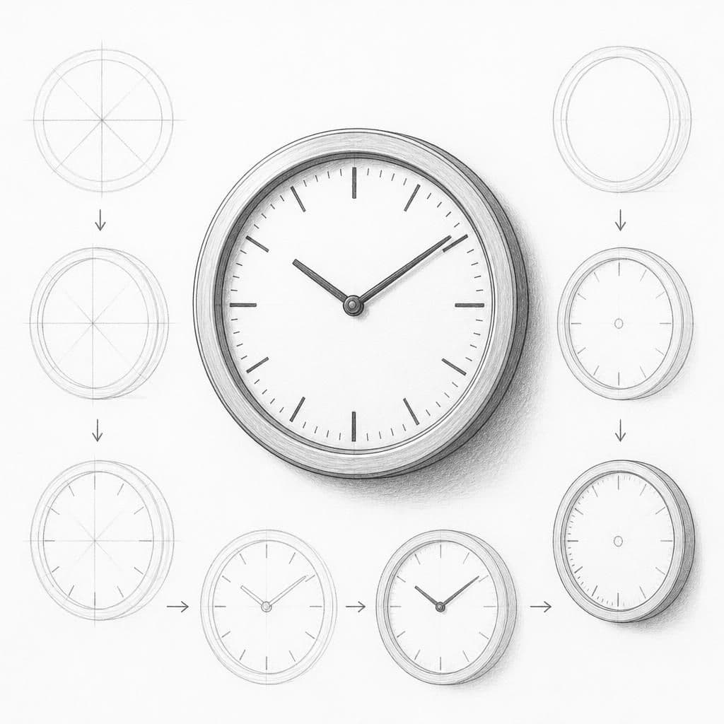 Reference pencil sketch demonstrating how to draw a wall clock