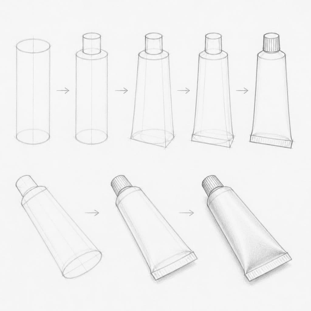 Reference pencil sketch demonstrating how to draw a toothpaste tube