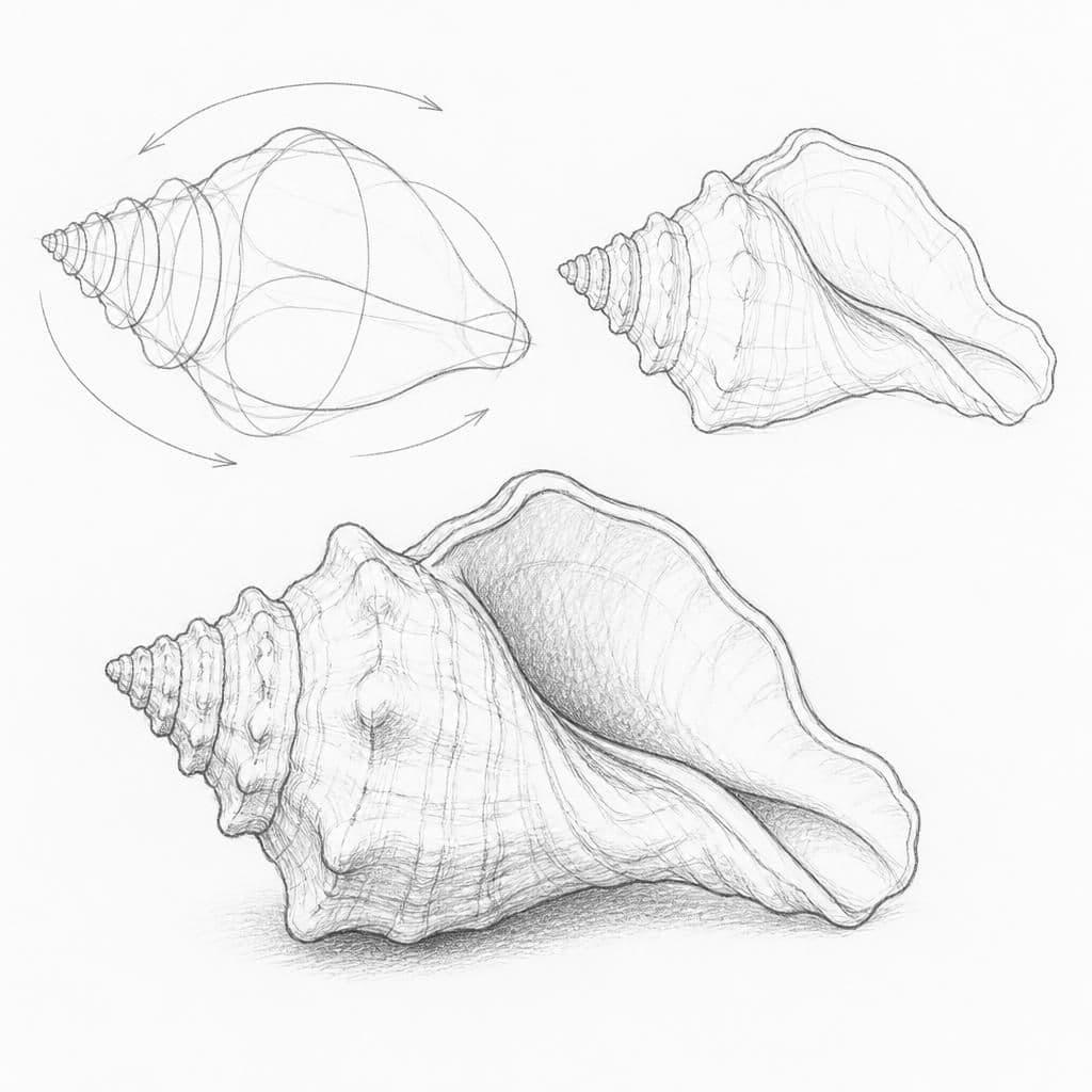 Reference pencil sketch demonstrating how to draw a conch shell