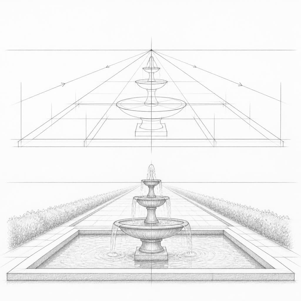 Reference pencil sketch demonstrating how to draw a fountain