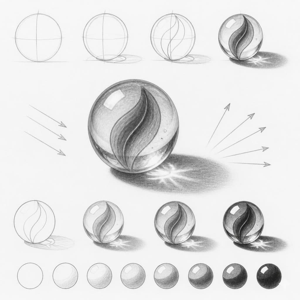 Reference pencil sketch demonstrating how to draw a glass marble