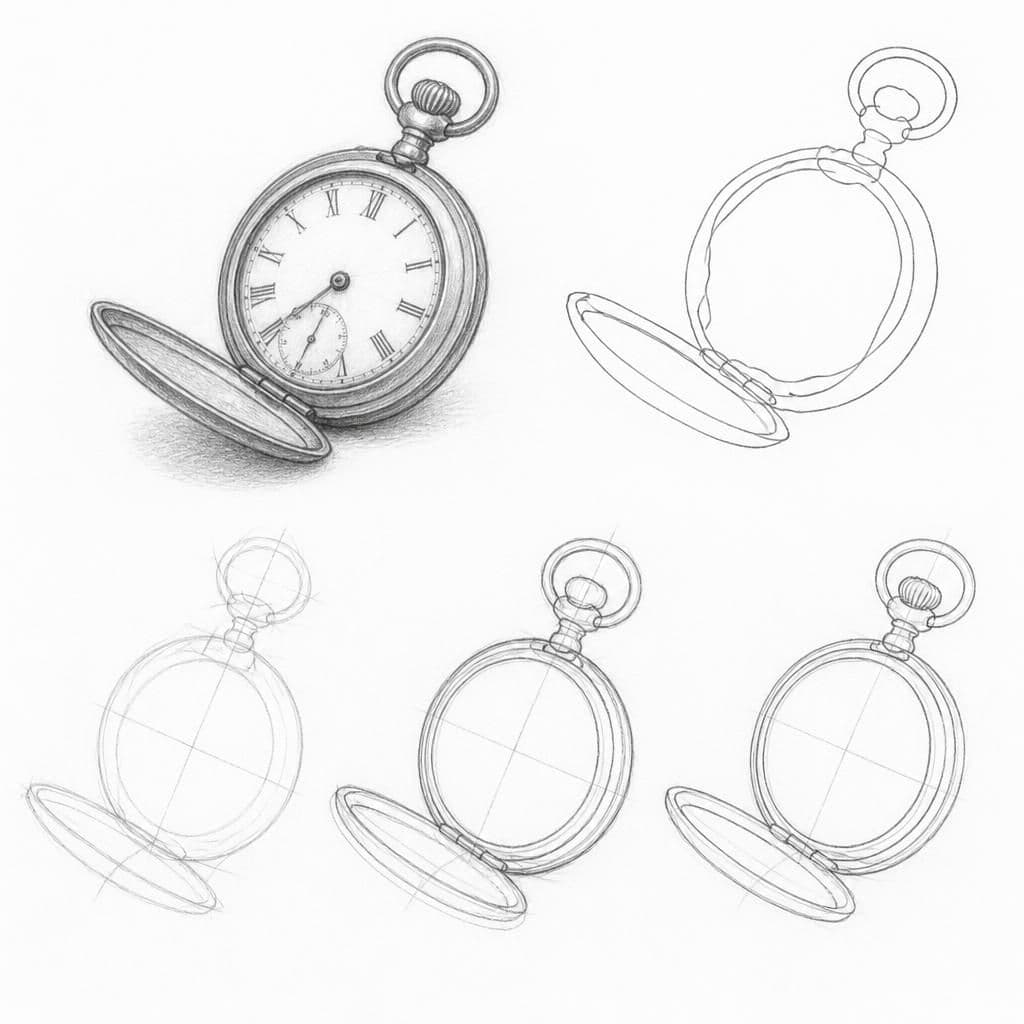 Reference pencil sketch demonstrating how to draw a vintage pocket watch