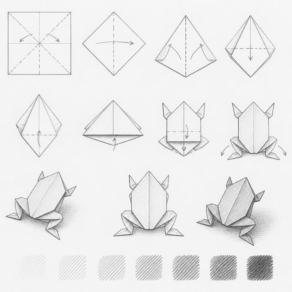 Reference pencil sketch demonstrating how to draw an origami frog