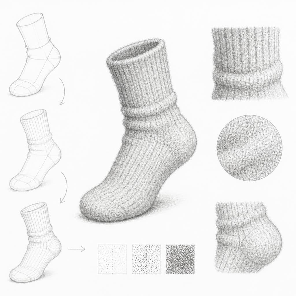 Reference pencil sketch demonstrating how to draw a wool sock